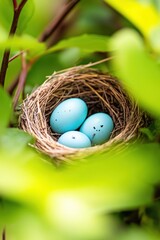 Obraz premium Nestled in nature, three blue eggs sit quietly among lush green leaves in springtime