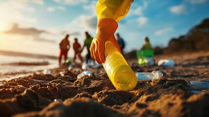 Group of volunteers cleaning up litter on a beach at sunset, picking up plastic bottles and preserving the environment.