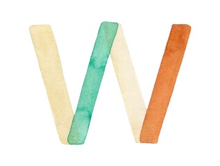 Handcrafted watercolor lowercase 'w' featuring a mix of muted green, beige, and warm orange. Ideal for modern designs, creative typography, and branding projects.