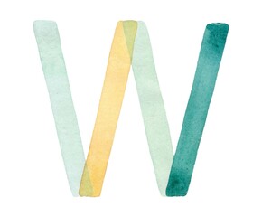 Watercolor letter 'W' in soft pastel tones of green, yellow, and teal, designed for creative projects, invitations, or branding. Elegant and handcrafted with subtle gradients