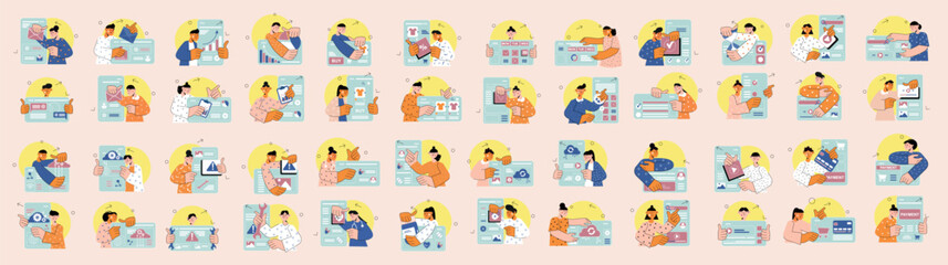 Mega set of different simple concepts with people scene in flat cartoon design. The set of illustrations are done in soft colors and cover a variety of topics. Vector illustration.