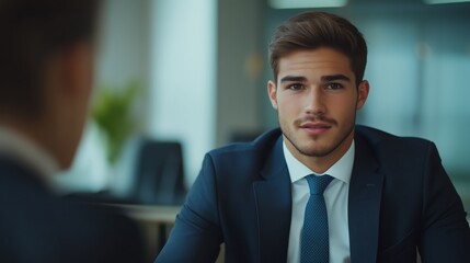 Naklejka premium A well-dressed young man participates in a job interview, displaying confidence and professionalism.