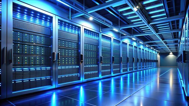 Row of sleek, futuristic servers lined up in a modern data center, illuminated by soft blue LED lights, with cables and wires neatly organized.