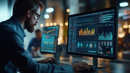 Fototapeta premium Businessman Analyzing Financial Data on Computer Screen. Focused businessman is analyzing financial data on a computer screen in a modern office environment, emphasizing data-driven decision-making.