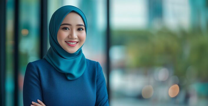 A woman with a teal hijab and a blue outfit stands confidently, smiling in front of a contemporary office backdrop in Indonesia. copy space.