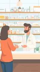 A pharmacist discusses medication with a customer in a well-stocked pharmacy
