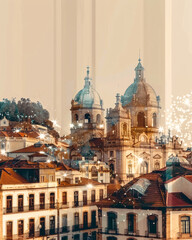 Obraz premium Agualva-Cacem City Skyline Bright Beige Shadows Sparkles - A city with a building and a roof