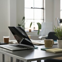 Fototapeta premium Minimalist office with open laptop, coffee mug, and plant, bathed in natural light.