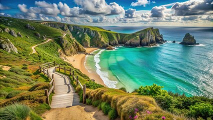 Fototapeta premium Rugged coastal path winds through lush greenery and granite cliffs overlooking turquoise ocean and golden sand beach in scenic Porthcurno, Cornwall, England.