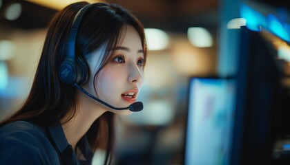A Japanese customer service representative engages in a conversation using a headset in a modern office atmosphere.