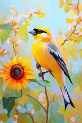 Obraz premium A vibrant yellow bird perched on a sunflower among blooming flowers in springtime
