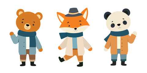 Set of cute Animal character cartoon vector illustration. Bear, panda, fox in autumn clothes. Graphic designs for print ,textile, fabric for baby,children and kid.