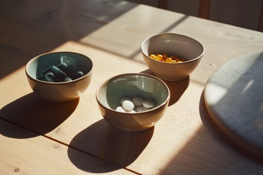 Bowls filled with different colored pills sit on a sunlit wooden table, contrasting the simplicity of the setting with the implication of health and wellness.