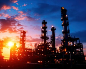 Industrial refinery plant at sunset, highlighting the silhouette of the structure against a colorful sky.