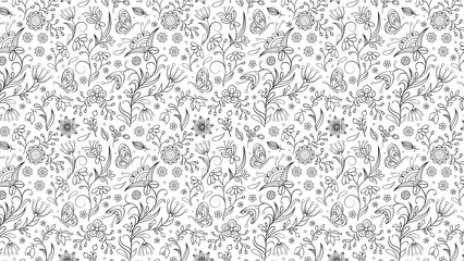 seamless pattern with black and white flowers background