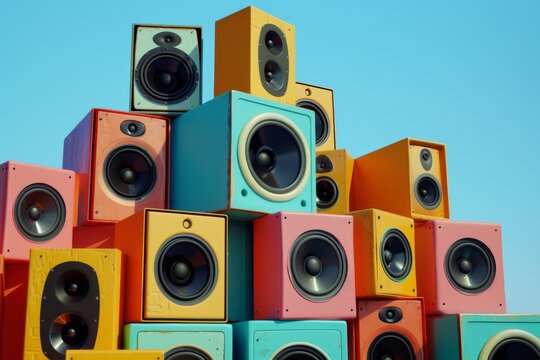 A vibrant stack of colorful, retro-style speakers arranged artfully against a clear blue sky, showcasing a perfect blend of vintage aesthetics and modern setup.