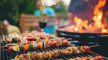 Fototapeta premium Early evening barbecue with friends and family, grilling seasonal dishes