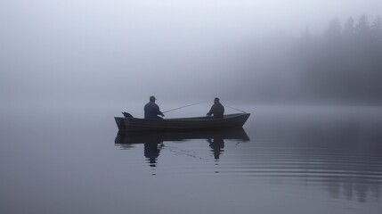 Early morning fishing trip on a foggy lake, serene and still