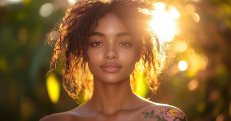 Fototapeta premium A young woman with curly hair stands outdoors, illuminated by soft sunlight, showcasing a vibrant floral tattoo on her shoulder.