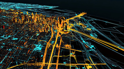 Obraz premium Technical aerial visual, 3D LiDAR GIS aerial map satellite scan model isolated, showing Syracuse. Elevation, topography, render