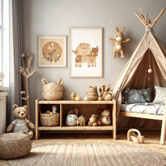  Mock up frame close up in children room with natural wooden furniture, 3D render 