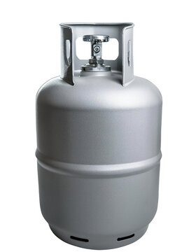 A silver gas cylinder, commonly used for propane or butane storage, showcasing its sturdy design and safety features.