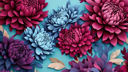 A vibrant arrangement of stylized flowers in shades of blue and purple against a soft background.
