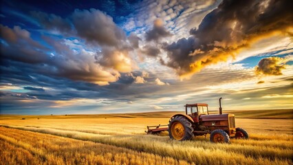 Rural landscape with a rusty old tractor abandoned in a harvested wheat field, surrounded by vast flat plains and a distant cloudy sky.