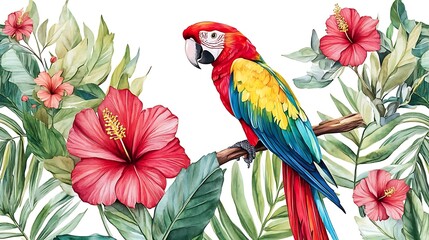 Fototapeta premium Scarlet Macaw Perched on a Branch Amidst Tropical Foliage and Hibiscus Flowers