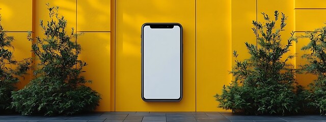  A modern smartphone with a sleek black frame and a blank white screen is displayed against a vibrant yellow background. The phone is centered and viewed from above, emphasizing its minimalist design 