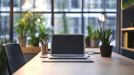 Fototapeta premium Modern Workspace: Minimalist workspace with a laptop, plants, and a window view. 