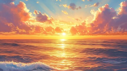 Sunset Over a Tranquil Ocean with Golden Clouds