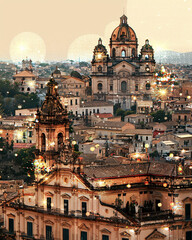 Sicily Skyline City Icons Bright Beige Artwork - A city with many buildings and lights
