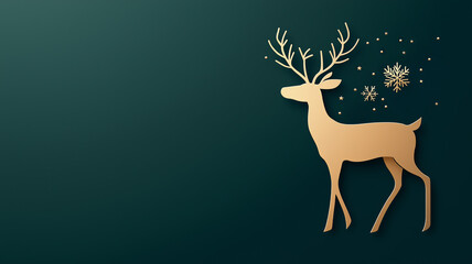Minimalist reindeer silhouette banner, dark green background with the reindeer in gold, open space for messaging