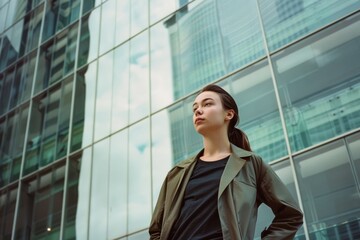 Fototapeta premium A poised woman stands confidently against a backdrop of modern glass skyscrapers, exuding determination and ambition.