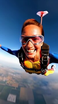 A young Caucasian woman excitedly skydiving on a bright and sunny day.