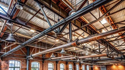 Rustic industrial metal building trusses support the ceiling of a renovated warehouse, exposed pipes and ductwork adding to the urban architectural aesthetic.