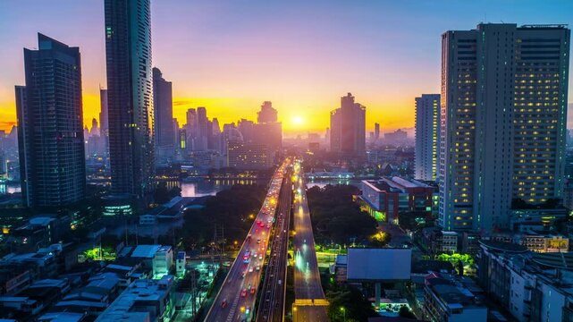 Aerial view of Traffic and Bangkok city, Thailand.