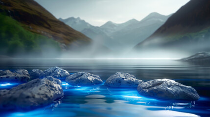 Naklejka premium Calm waters ripple around glowing rocks with mountains shrouded in mist in the background