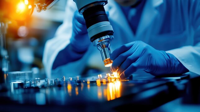 Scientist using a microscope in a laboratory, examining samples with precision, showcasing scientific research and technological advancement.