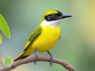 A vibrant yellow bird perched gently on a branch amidst a lush green background