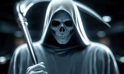 Halloween-Themed Reaper with Skull Mask Holding Scythe