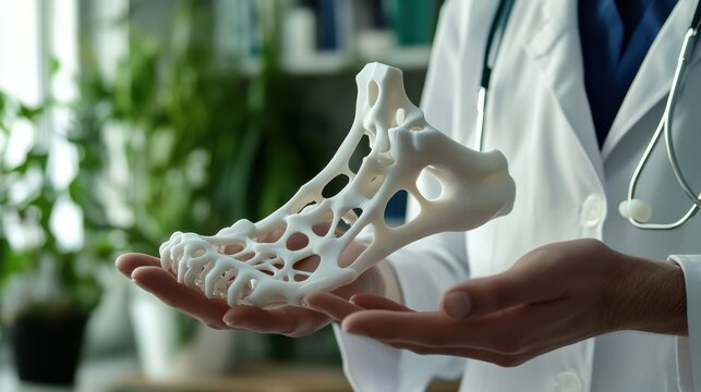 A medical professional showcases a detailed 3D model of a human foot in a bright clinic