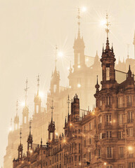 Obraz premium Bordeaux Skyline Retro Poster Double Exposure - A building with many spires and lights