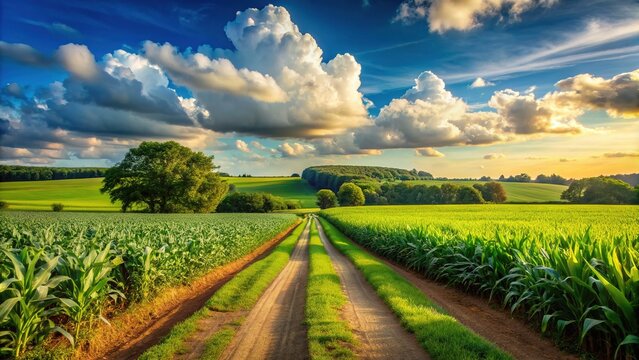 Rustic rural landscape featuring a well-manicured corn row, lush green fields, and a serene blue sky with a few puffy white clouds.