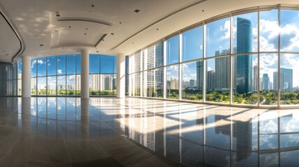 Empty Office Space with Expansive Windows Overlooking a Cityscape