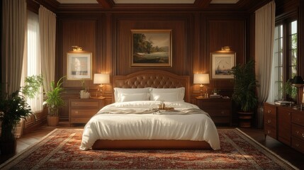 Luxurious Bedroom with a King-Sized Bed, Plush Linens, and Elegant Decor