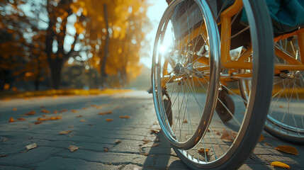 Close-up of a wheelchair in an autumn park, with sunlight streaming through the trees and fallen leaves on the ground.