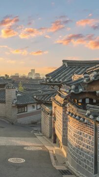 Seoul South Korea time lapse sunrise at Bukchon Hanok Village (Vertical)