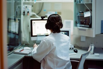 A focused researcher in a white lab coat works at a computer station in a modern laboratory, epitomizing dedication and scientific inquiry.
